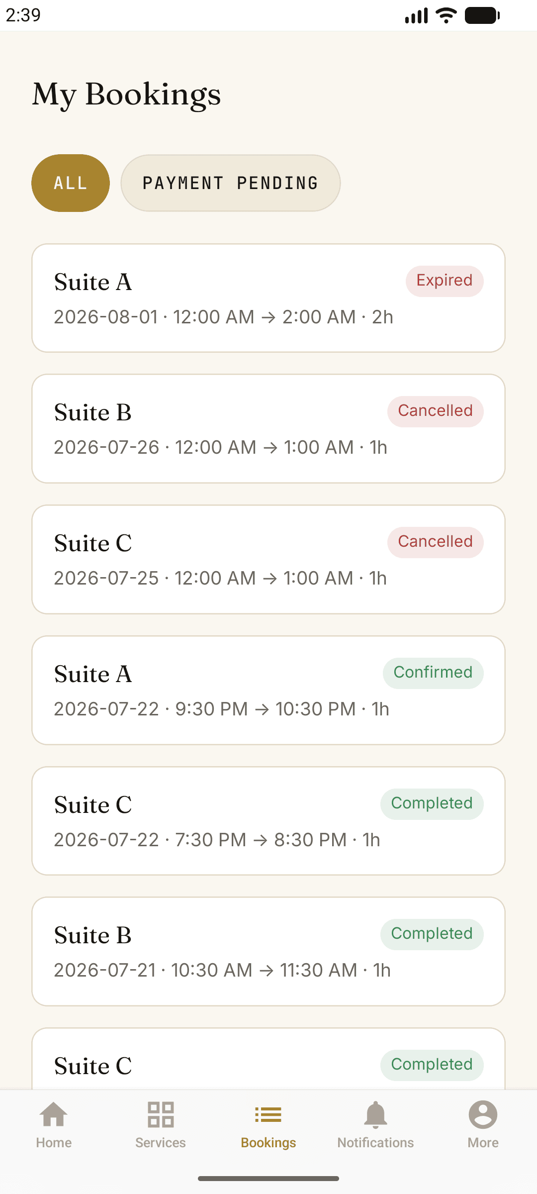 Studio Raaga app — my bookings