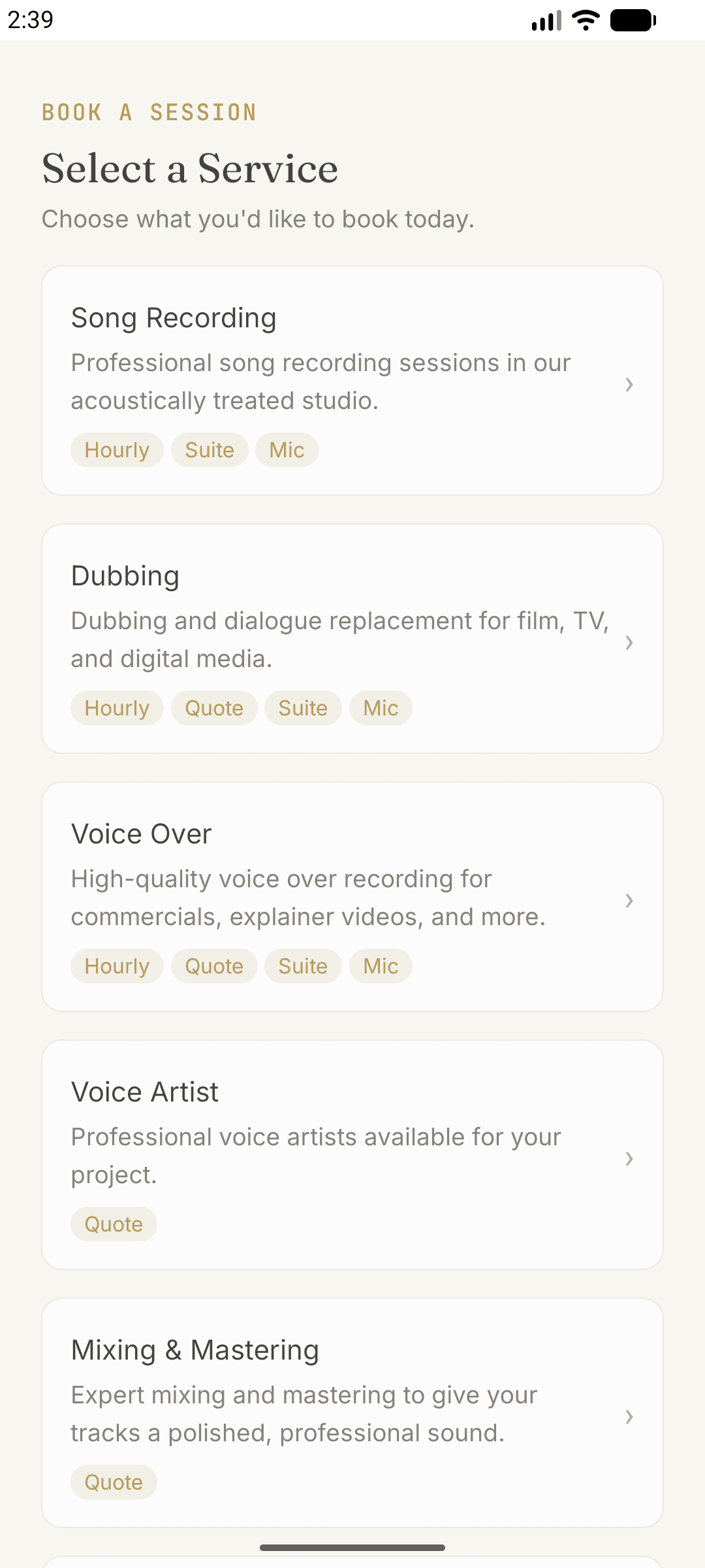 Studio Raaga app — browse services